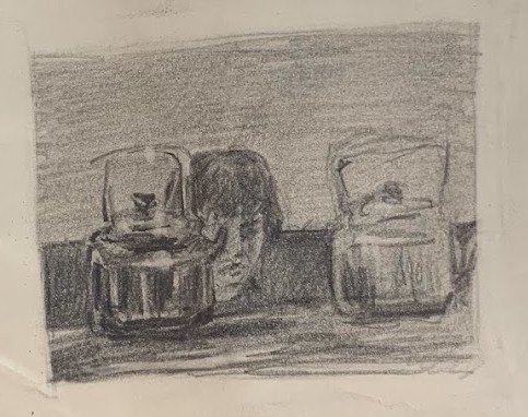 Pencil drawing of a face peering out between two glass kettles