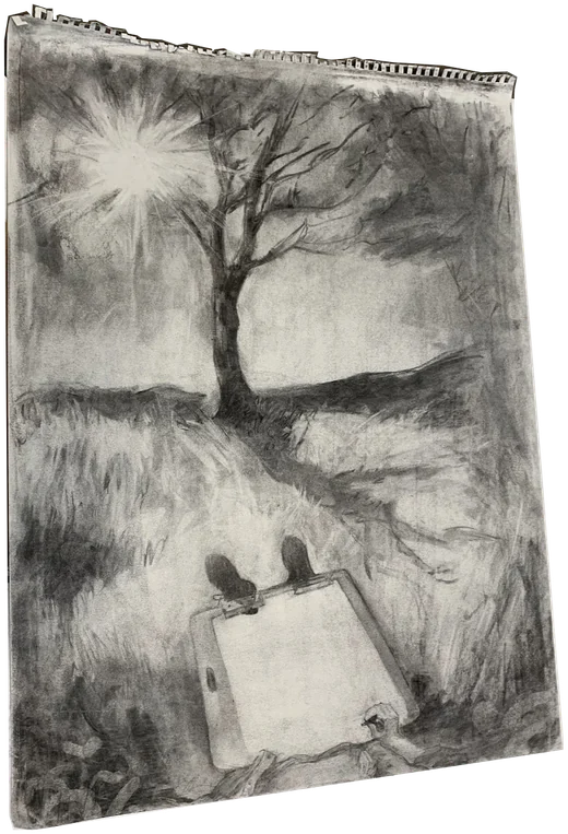 Charcoal drawing of a bare tree under a bright sun, with a small figure below