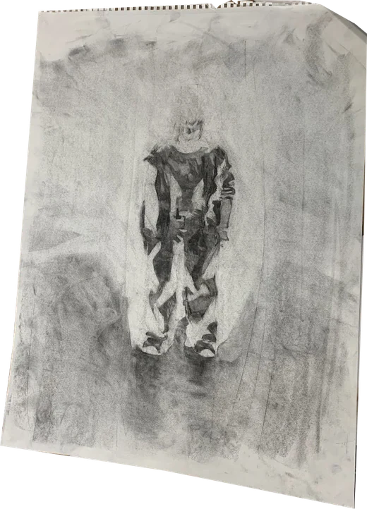 Charcoal drawing of a figure standing in fog