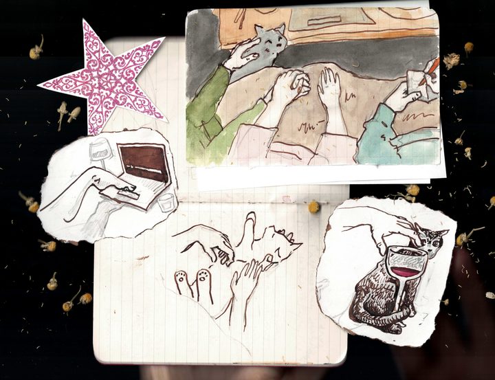 Collage of torn-out sketches on black: reaching hands, a cat, a wine glass and a pink patterned star