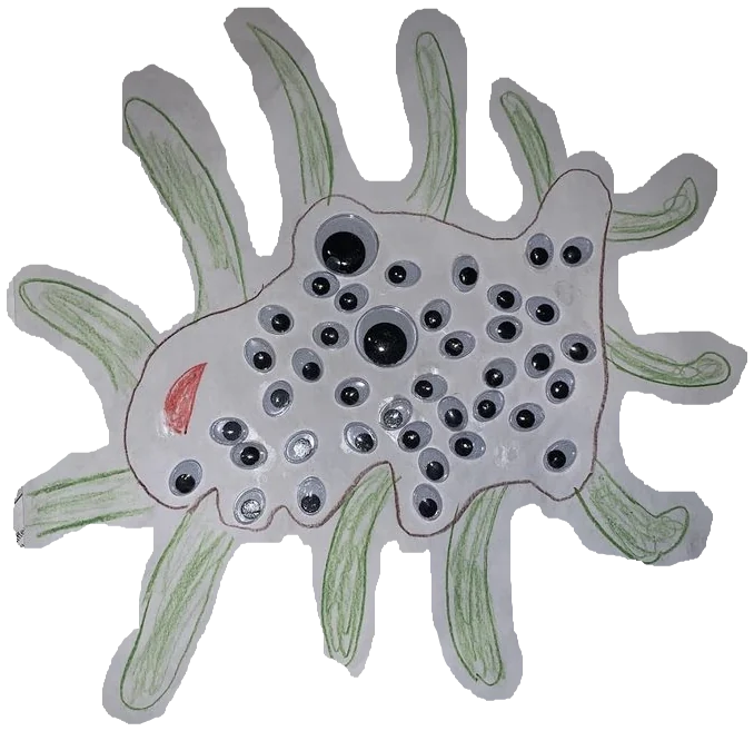 Drawing of a blob creature with green tentacles, covered in stuck-on googly eyes