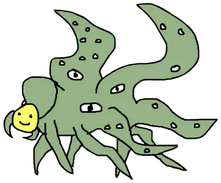 The shoggoth meme: a green tentacled creature covered in eyes, wearing a small yellow smiley-face mask